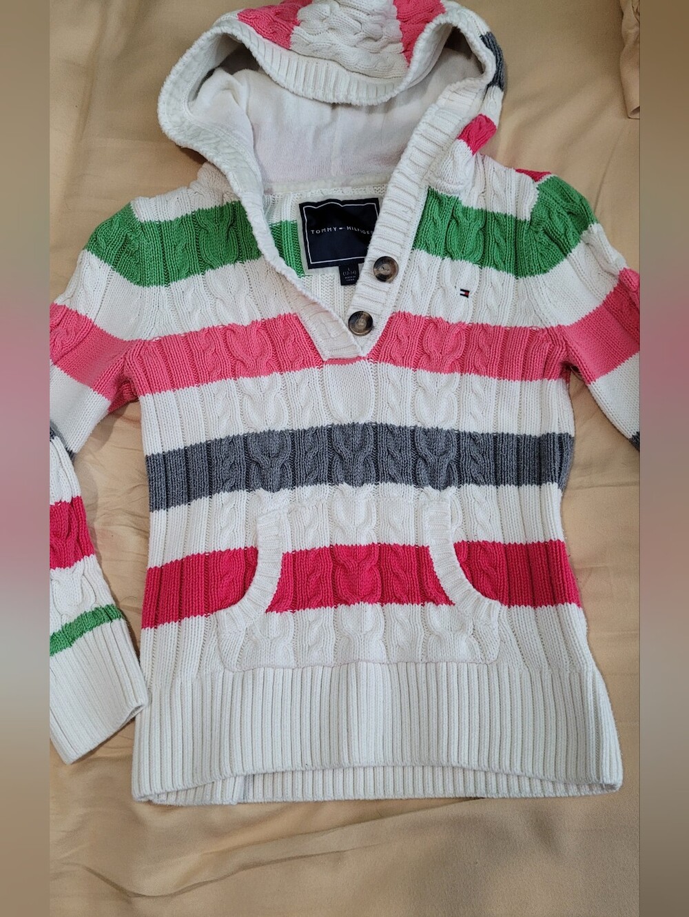 Tommy Hilfiger Striped Cable-Knit Hooded Sweater in White, Pink, Green & Gray